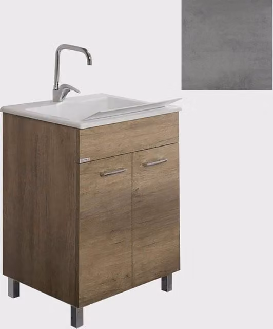 Mobile Lavatoio Vasca Zeus in MineralMarmo Apertura a 2 Ante 60x46x84 cm Grigio Cemento