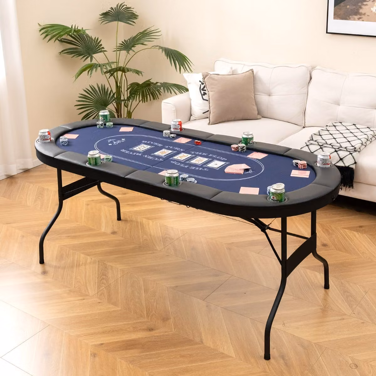 Tavolo da poker pieghevole Costway per 8 giocatori, tavolo da gioco ovale blu per blackjack e Texas Hold’em, L: 182 cm