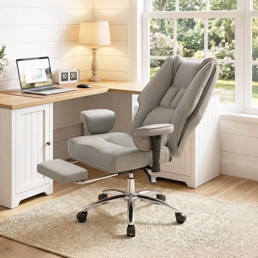Sedia da Ufficio Ergonomica GIORDANOSHOP in Finta Pelle Grigio Chiaro con Poggiapiedi e Schienale Alto, L/P/H: 78 x 70 x 118-126 cm – 2