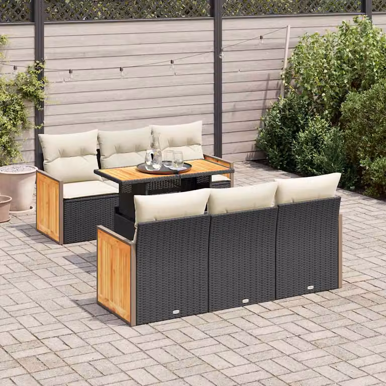 Set Divani da Giardino a L vidaXL in Polyrattan e Legno di Acacia con 7 Cuscini, Nero e Bianco