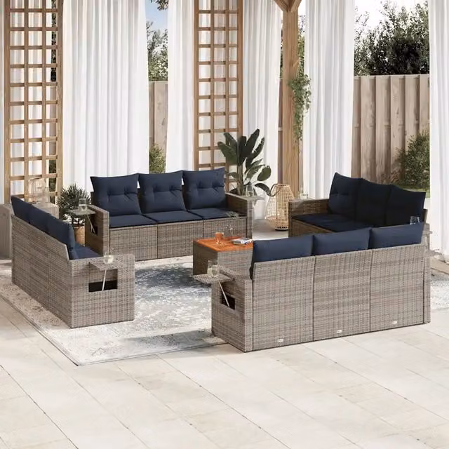 Set di divani da giardino a forma di U vidaXL in polyrattan con cuscini grigi e blu e tavolino da caffè