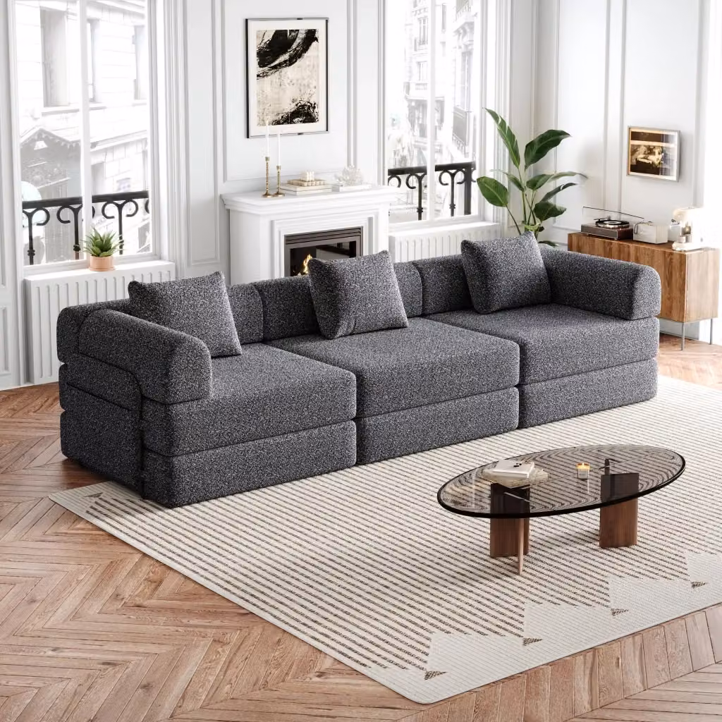 Divano letto 2 in 1 MIVRAY in ciniglia grigio con vano contenitore nel bracciolo e struttura in acciaio – 2