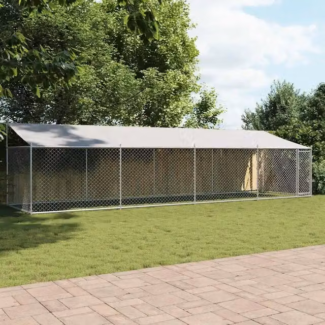 Gabbia per cani vidaXL in acciaio zincato con tetto e porta, colore grigio, L: 8 m, P: 2 m, H: 2 m – 1