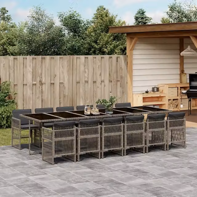 Set da pranzo da giardino vidaXL in polyrattan con cuscini e tavolo in vetro, 13 pezzi, Grigio e Nero