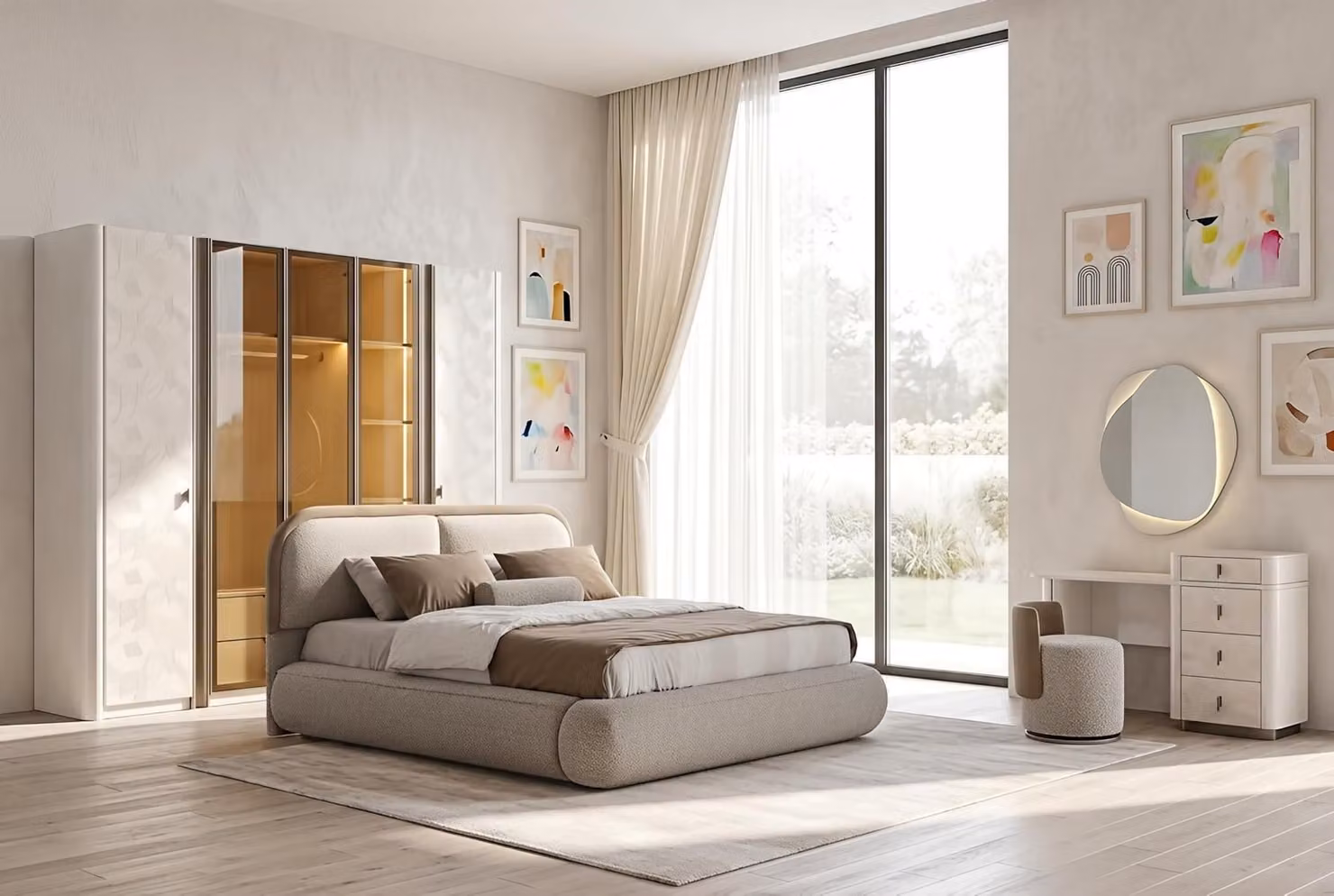 Set per camera da letto: letto, armadio, comò da trucco, design moderno, beige, lusso