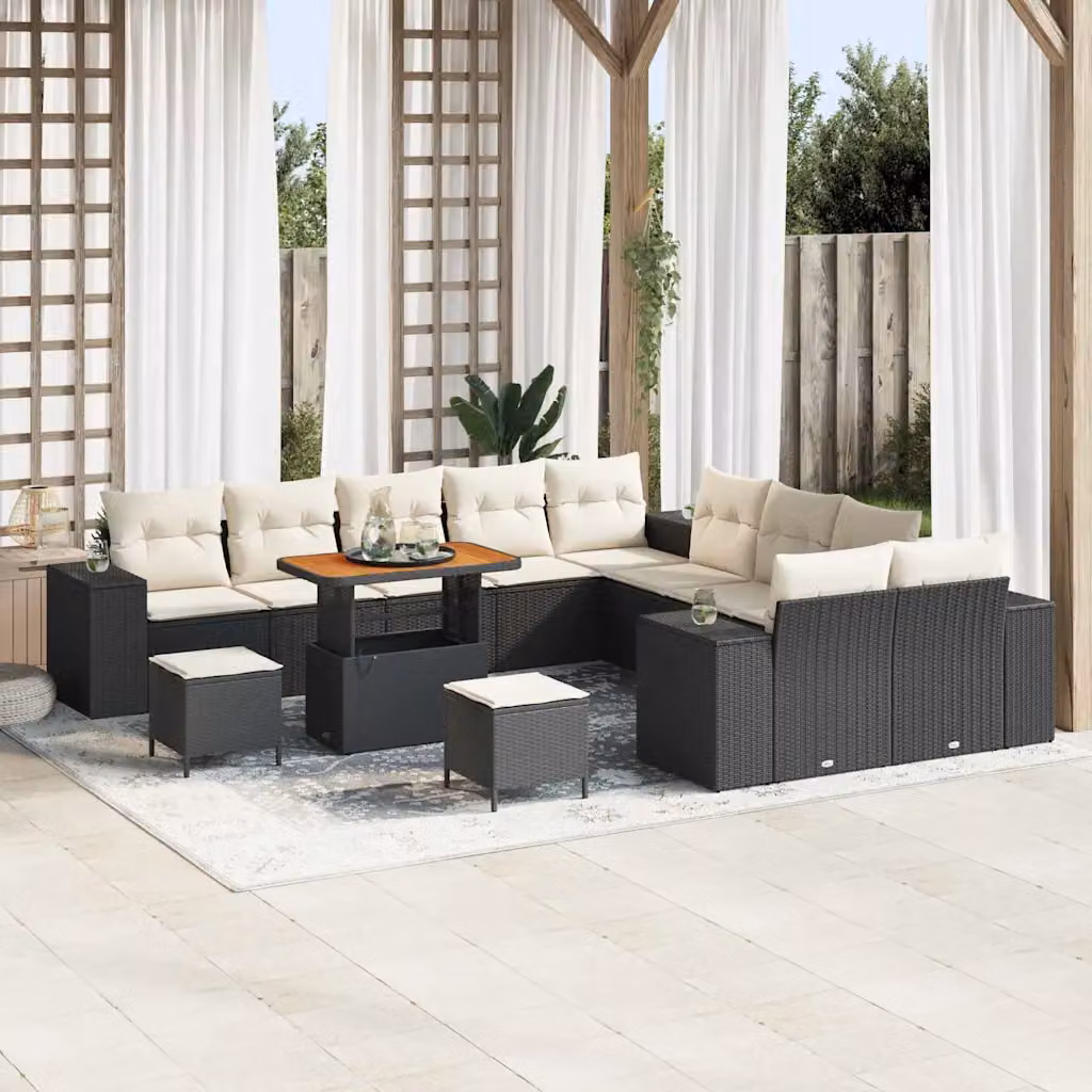 vidaXL Set Divano da Giardino 13 pz in Polyrattan con Cuscini Nero e Beige – 1