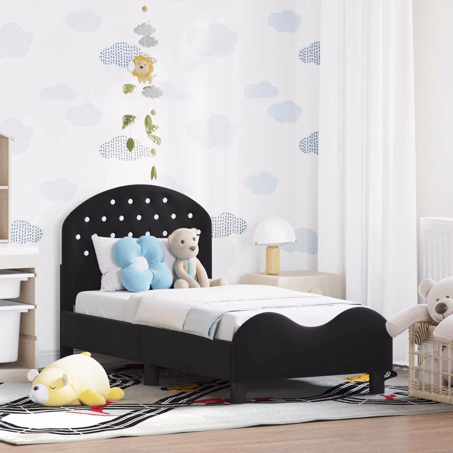 vidaXL Struttura letto per bambini moderna in legno e tessuto velluto Nero L 140 x P 70 x H 79 cm