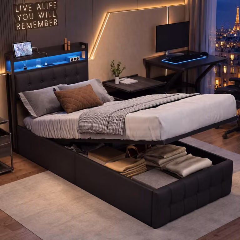 Letto imbottito INONEFT, 90x200 cm, con 2 porte USB, meccanismo di sollevamento idraulico, struttura a rete, testiera con spazio contenitore e illuminazione LED, colore nero, rivestimento in PU