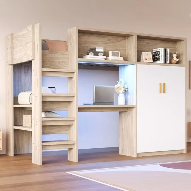 Letto a soppalco multifunzione 90 x 200 cm con scrivania, armadio, scaffale, vani portaoggetti e LED, rete a doghe - Colore legno