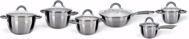 Set di pentole per induzione Trade Shop Traesio in acciaio inox argento con manici in silicone antiscivolo e coperchi in vetro, 12 pezzi – 1