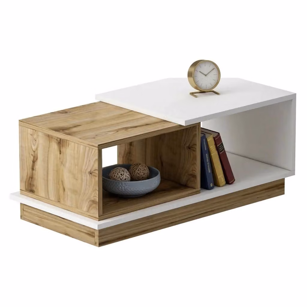 Tavolino da salotto moderno DMORA Ruino in legno color rovere e bianco, L 90 cm x P 45 cm x H 36 cm – 2
