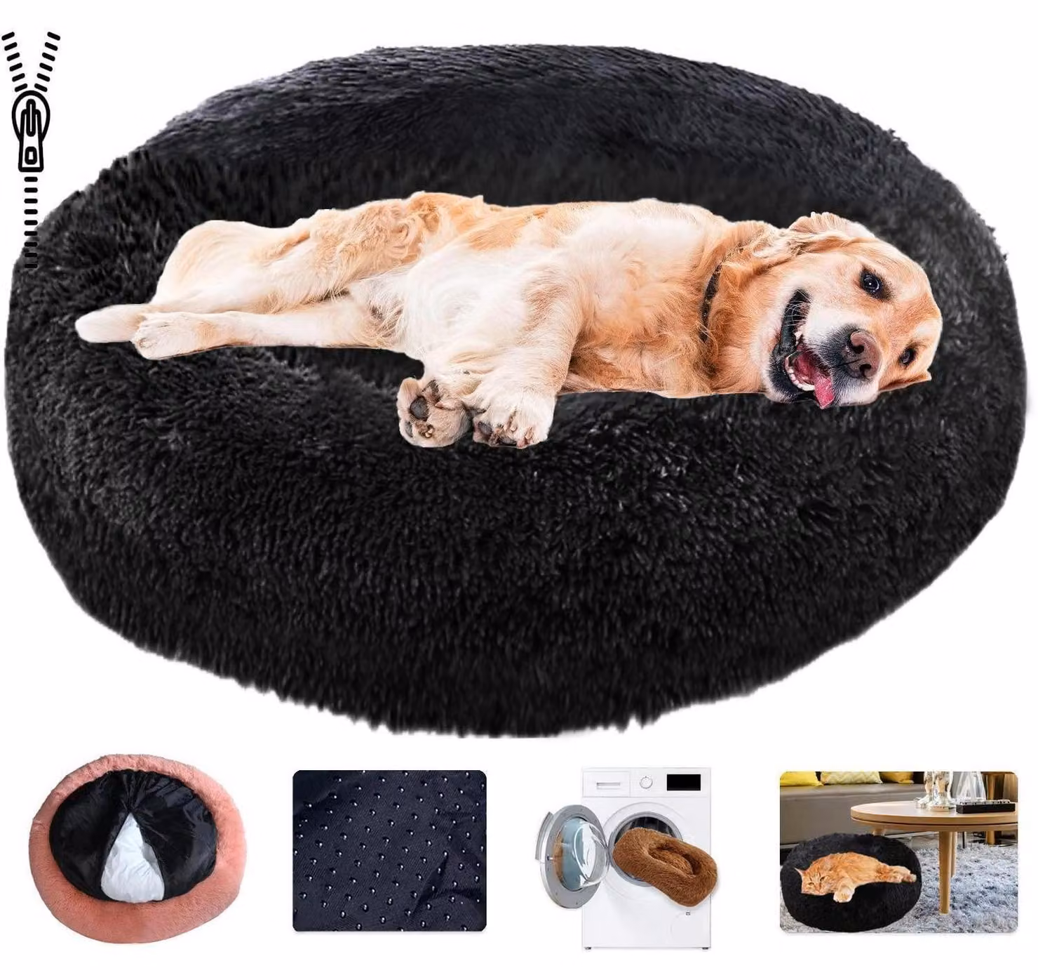 Cuccia per cani a forma di ciambella, in peluche, lavabile, nera, taglia 4XL, 110 cm