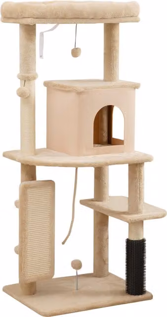 Albero per gatti multilivello PawHut con casetta, lettino, pali in sisal e giochi, Altezza: 132 cm, Beige