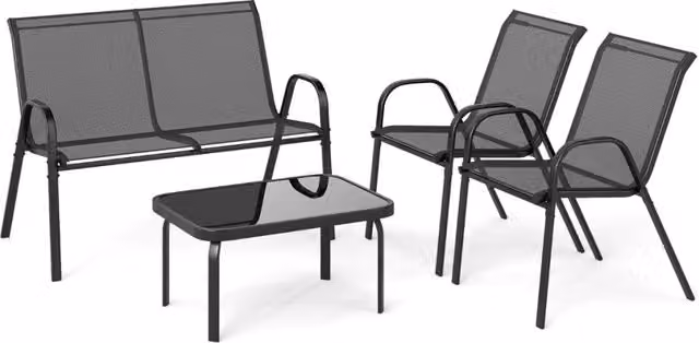Set da giardino Outsunny 4 pezzi in stile moderno con divano a 2 posti, poltrone impilabili e tavolino, in metallo grigio e nero, L/P/H: 112 x 68 x 83 cm