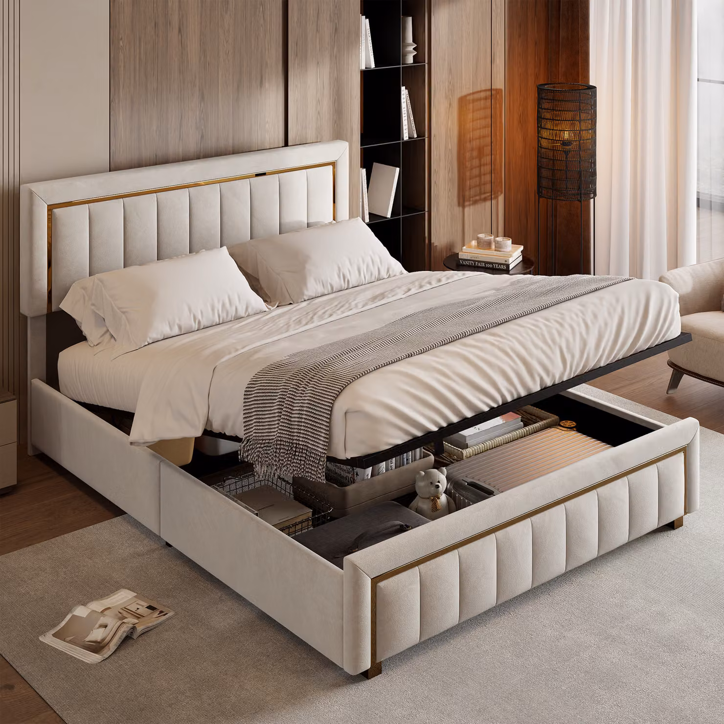 Letto Moonbite con contenitore, 140x200 cm, in velluto beige, stile classico, ampio spazio contenitore con sistema idraulico, testiera imbottita
