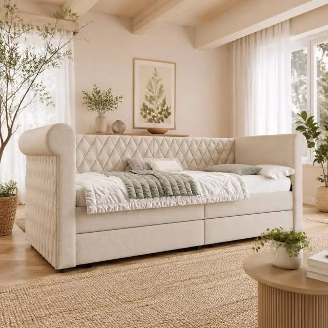 Divano letto REDOM beige in lino con 2 cassetti L/P/H: 90 x 200 cm