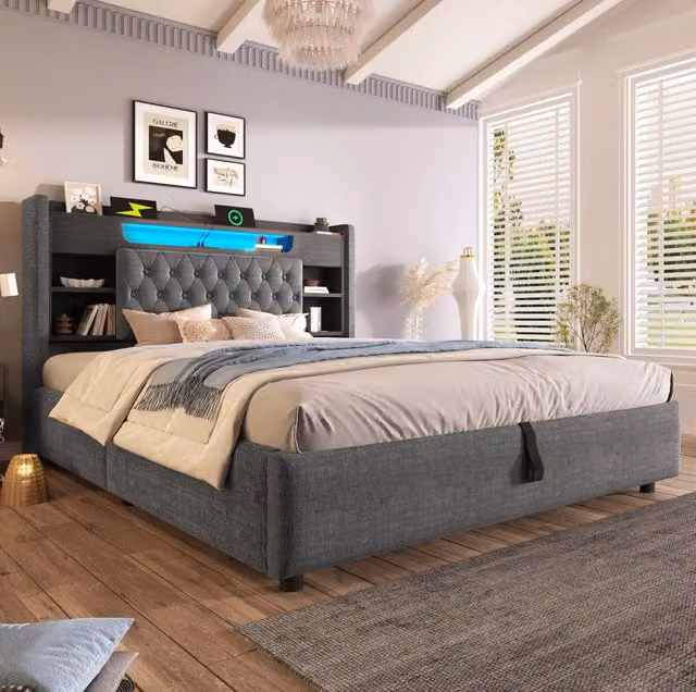 Letto imbottito 180x200 cm con contenitore idraulico, illuminazione LED, ricarica USB/Type-C e testiera con mensola in lino grigio (senza materasso)