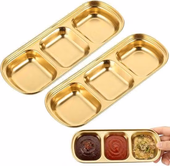 Set di 2 contenitori per erbe aromatiche in acciaio inossidabile dorato, con 3 scomparti per salse e contenitori metallici per salse, ideali per sushi, contorni coreani ed erbe aromatiche