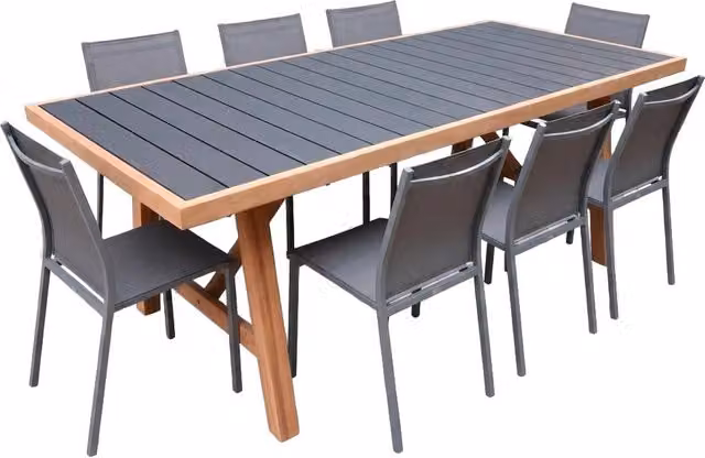 Set tavolo da giardino moderno Sweeek in legno di hevea e alluminio grigio opaco con 8 sedie, tavolo rettangolare non estensibile