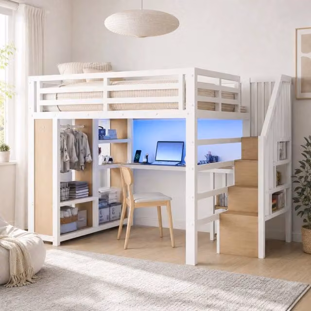 Letto a soppalco 140x200 cm in metallo con scrivania, LED e armadio aperto bianco HAVRYA