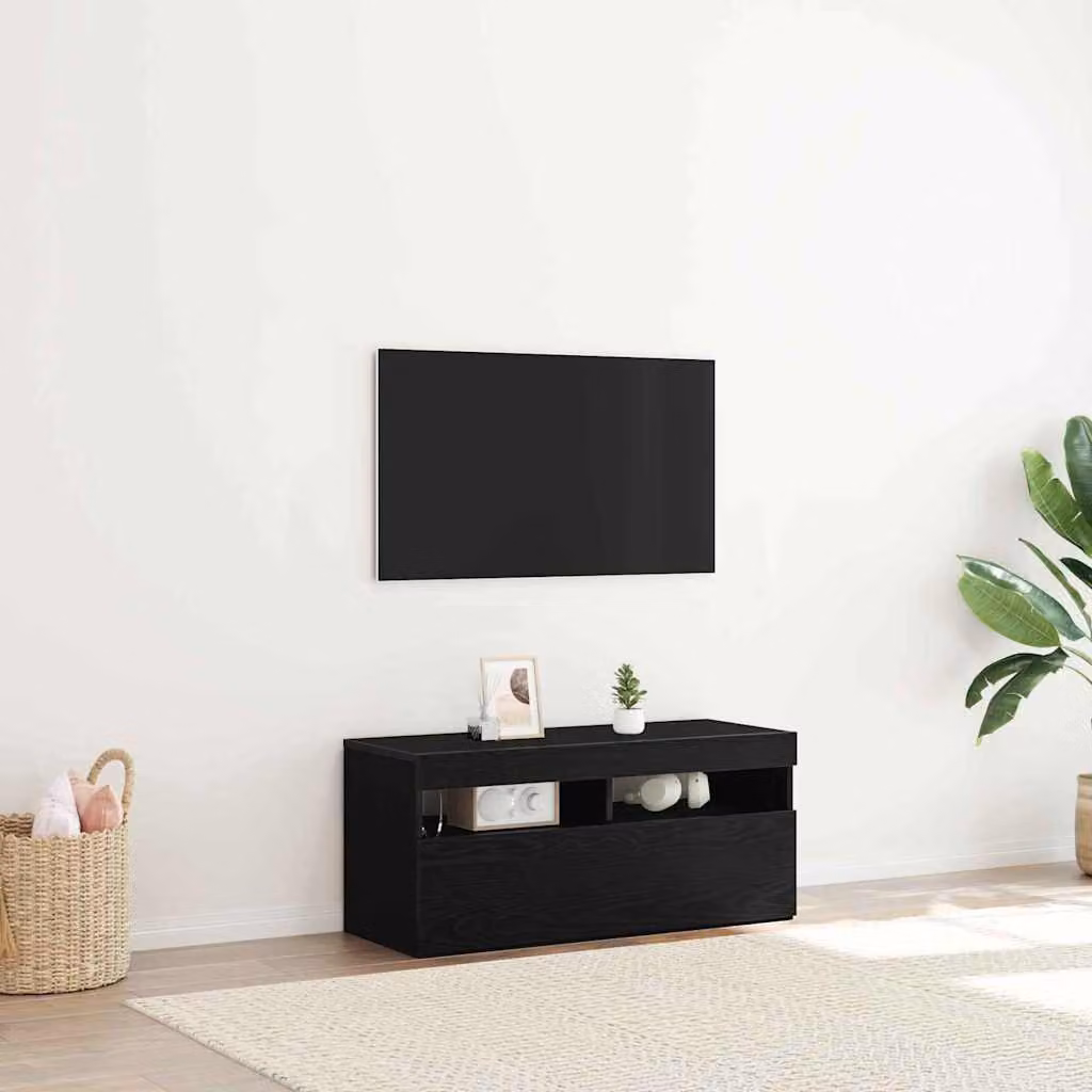 Mobile TV vidaXL moderno in legno ingegnerizzato rovere nero con illuminazione integrata L 90 cm, P 35 cm, H 40 cm