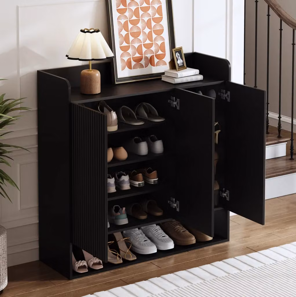 Scarpiera moderna MODFU con specchio a figura intera in MDF nero L: 110 cm, P: 35,5 cm, H: 110 cm – 2