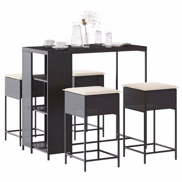 Set Bar da Giardino vidaXL in Polyrattan Nero con 5 Pezzi e Cuscini