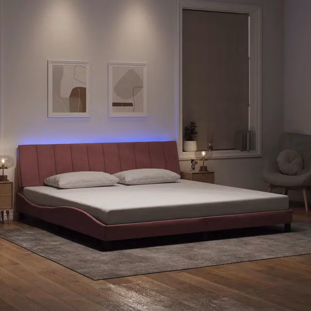 Letto Hanko vidaXL in Velluto Rosa con Illuminazione LED e Porte USB, L/P/H: 200 x 200 x 218 cm – 1