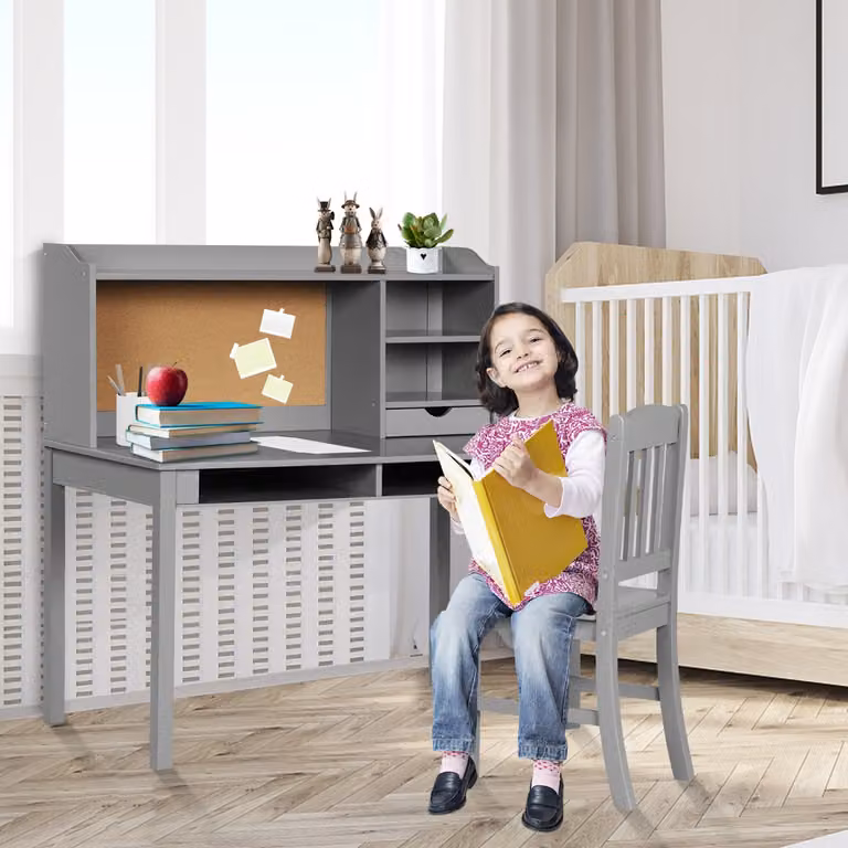 Set scrivania e sedia per bambini Costway con mensola bacheca in sughero, Grigio