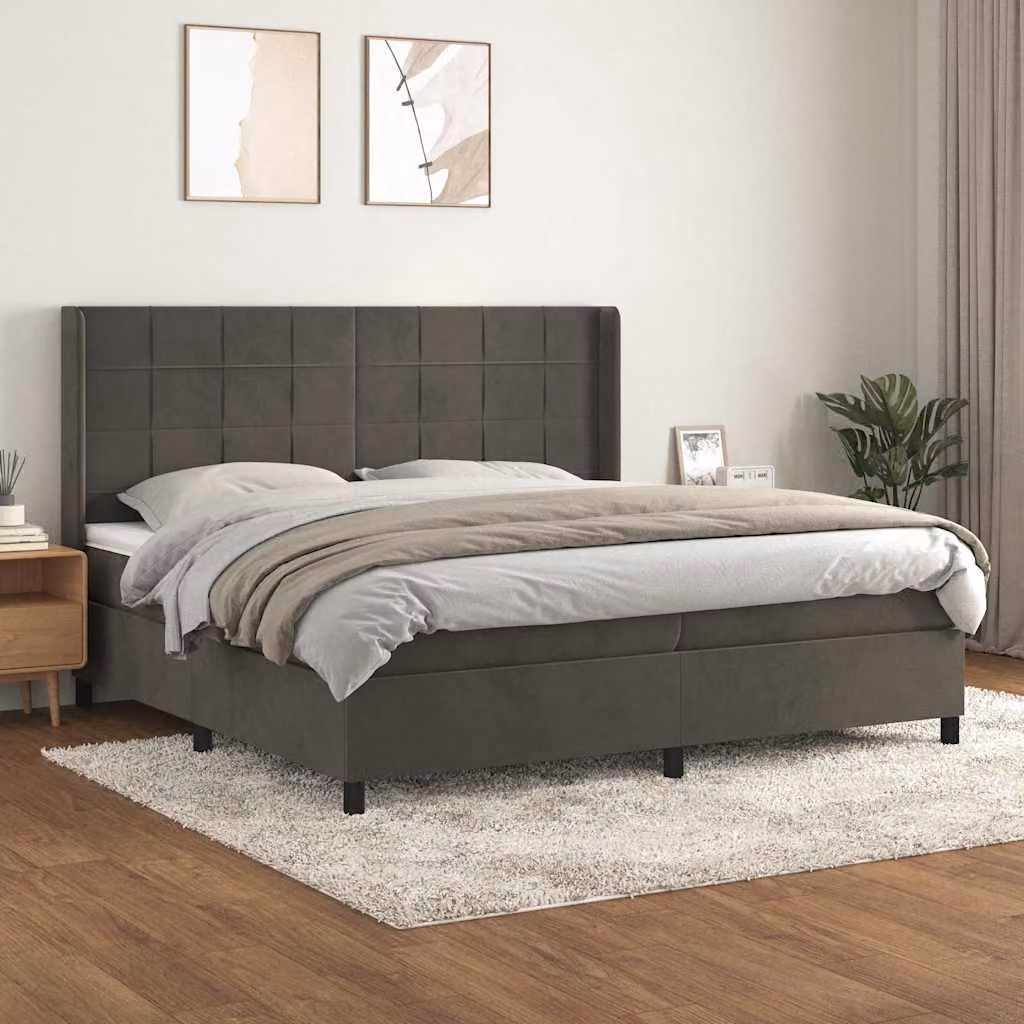 vidaXL Giroletto a Molle con Materasso Ibrido in Velluto Grigio e Bianco, L/P/H: 200 x 200 x 128 cm – 1