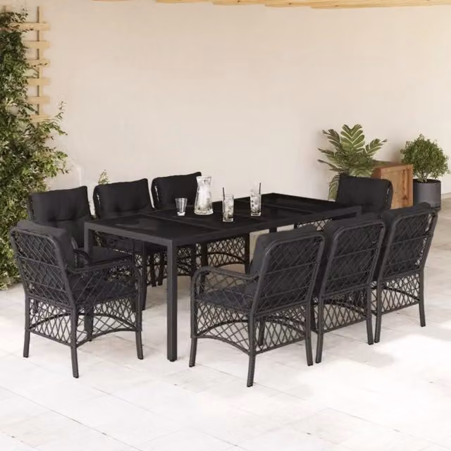 Set da pranzo da giardino vidaXL in polyrattan nero con tavolo in vetro e 9 pezzi
