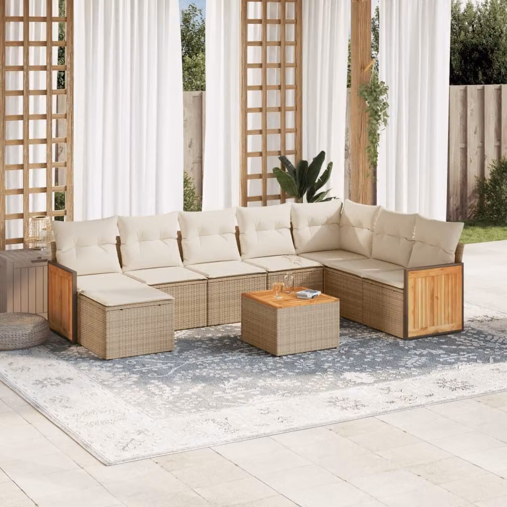 vidaXL Set Divano da Giardino 9 pz a L in Polyrattan con Cuscini Beige e Tavolino – 1