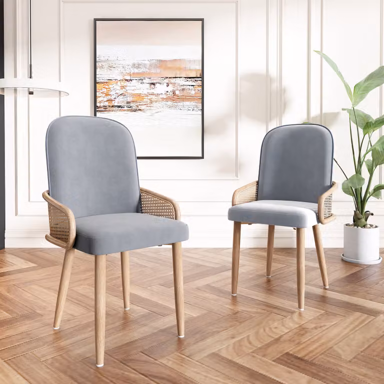 Set di 2 sedie da pranzo in rattan Flieks, poltrona da soggiorno con gambe in metallo, sedie da cucina sedia da lavoro sedia da pranzo con rivestimento in velluto, grigio