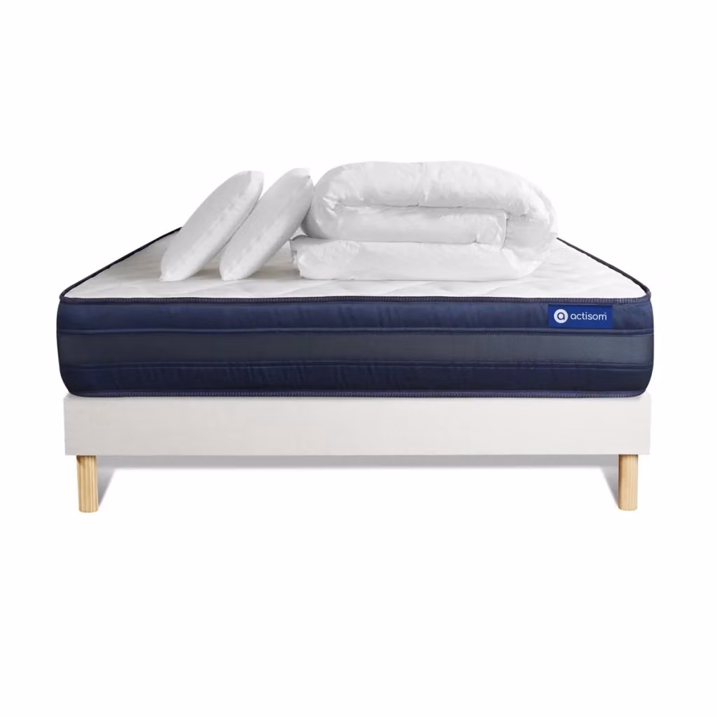Kit letto completo Actisom con materasso ibrido, box spring con doghe, 2 cuscini e piumino, colore bianco, L/P: 200 x 200 cm – 2