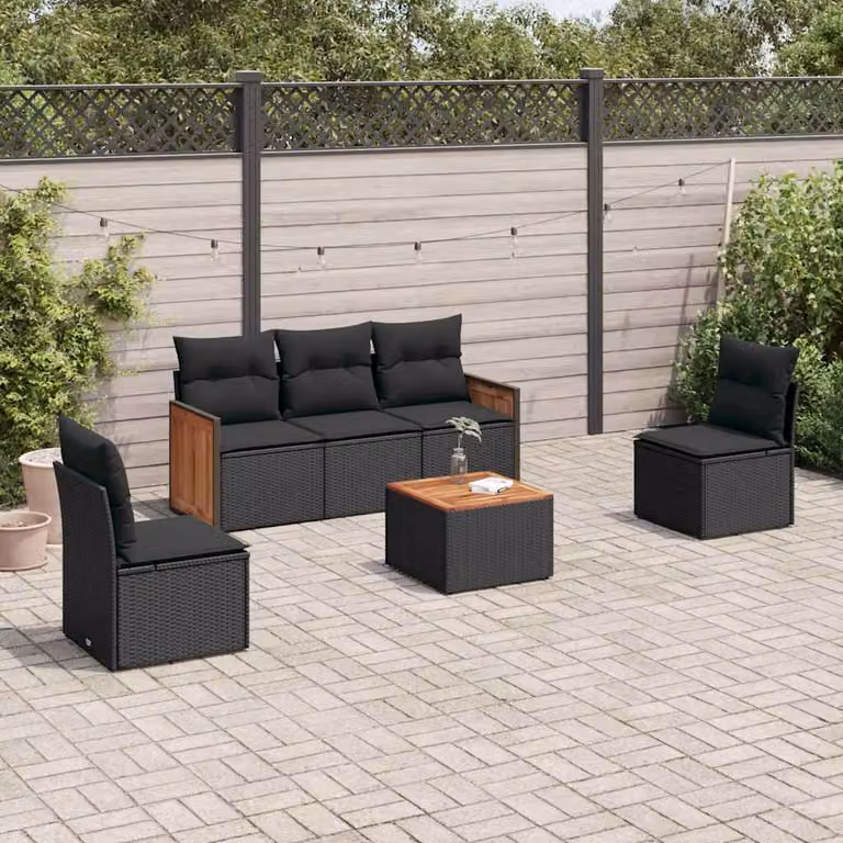 vidaXL Set Divano da Giardino 6 pz in Polyrattan Nero con Cuscini e Tavolino