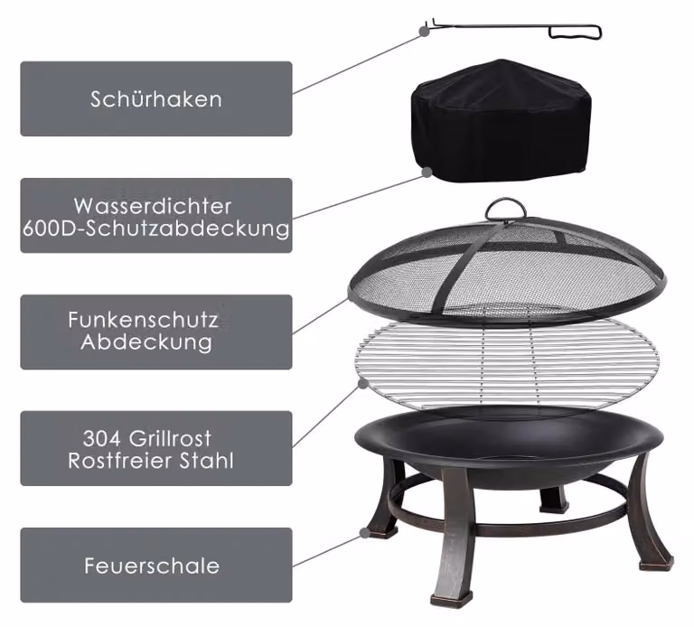 Braciere da esterno - Camino da giardino - Rotondo, diametro 76 cm - Altezza 46 cm - Griglia per barbecue - Protezione antiscintille - Colore nero