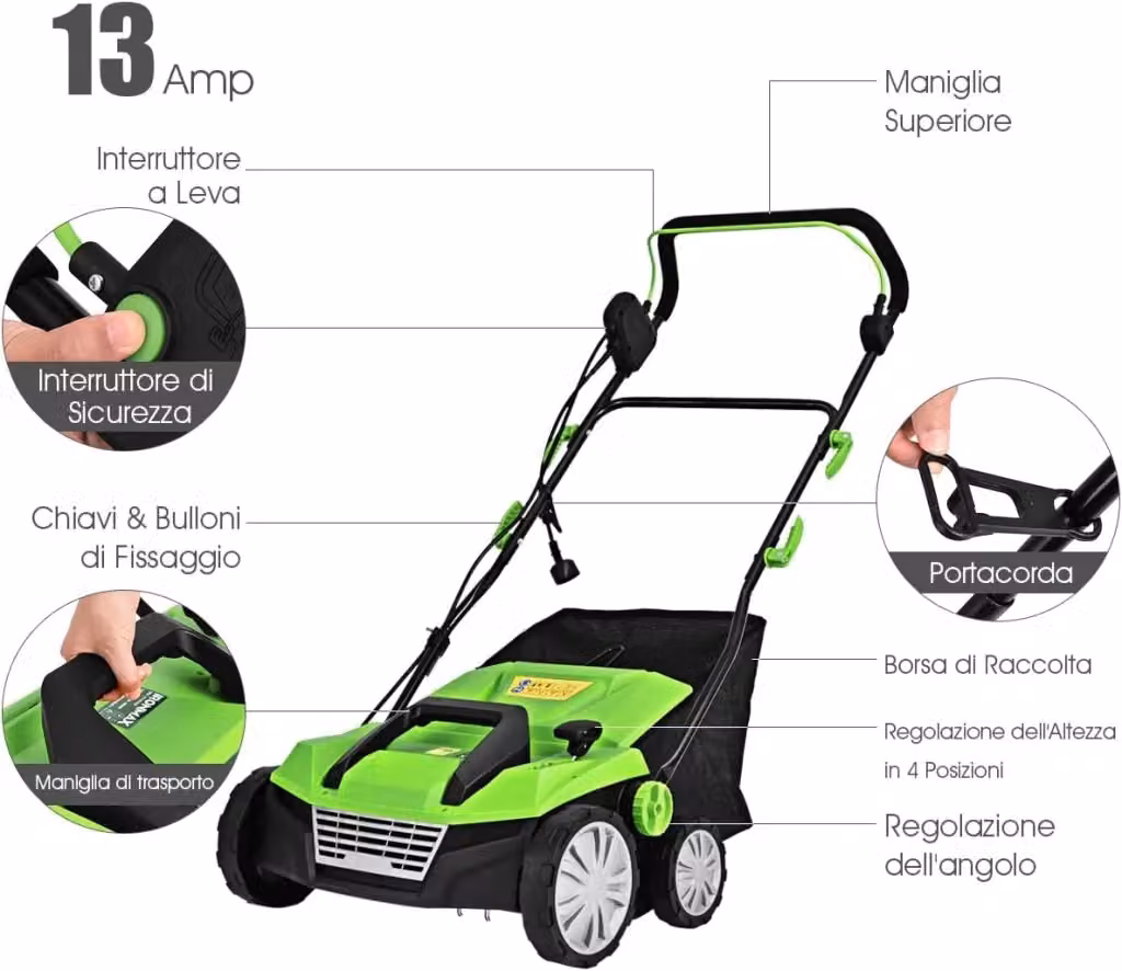 Scarificatore e Arieggiatore Elettrico 2 in 1 COSTWAY con Sacco Raccoglitore da 45L, 1800W, Larghezza: 38 cm, Verde – 2