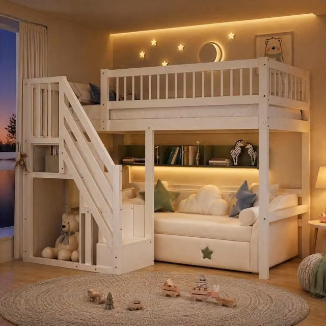 Letto alto singolo 90x200 cm bianco in legno con scala contenitore