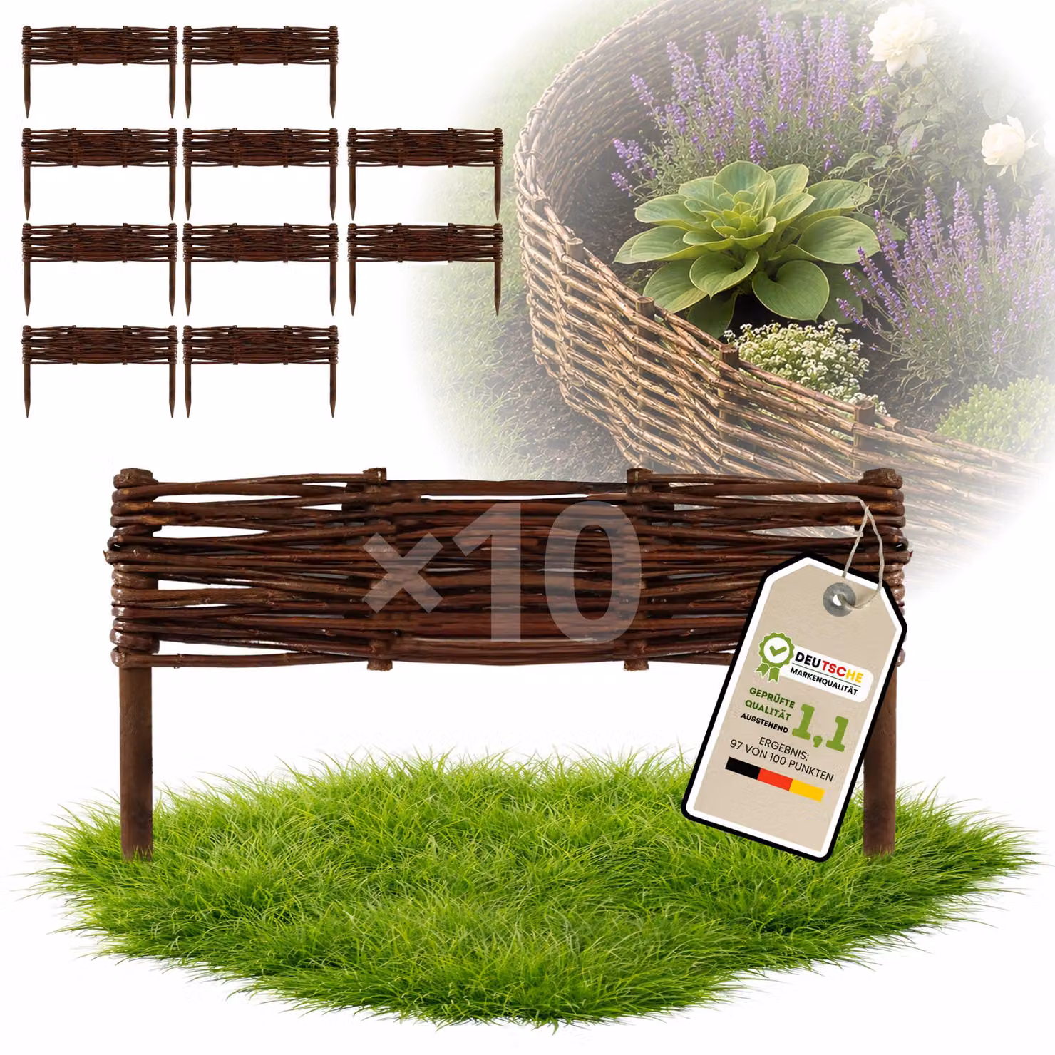 Floranica 10 pezzi Recinzione in vimini 10 cm x 40 cm – Staccionata da giardino intrecciata Palizzata Recinzione naturale Bordo aiuola