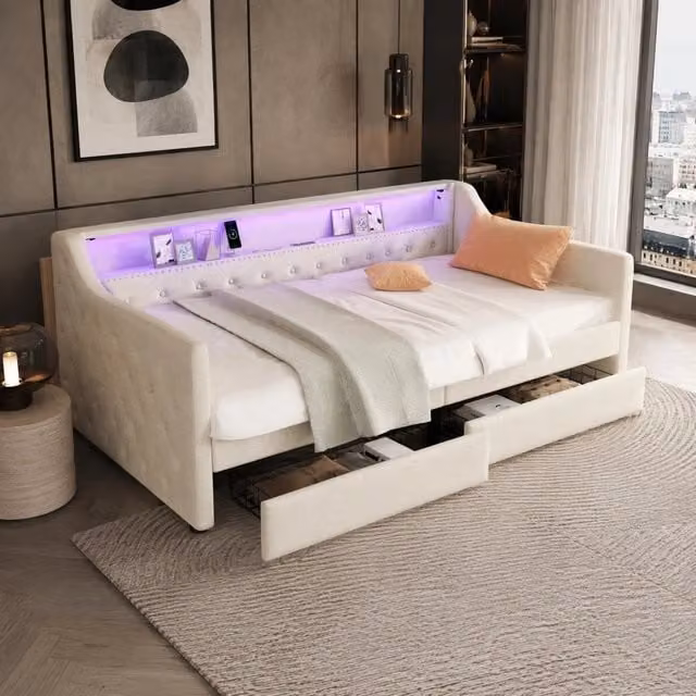 Letto Divano REDOM in tessuto beige con illuminazione LED, porta USB e 2 cassetti, L/P/H: 200 x 90 x 78,5 cm
