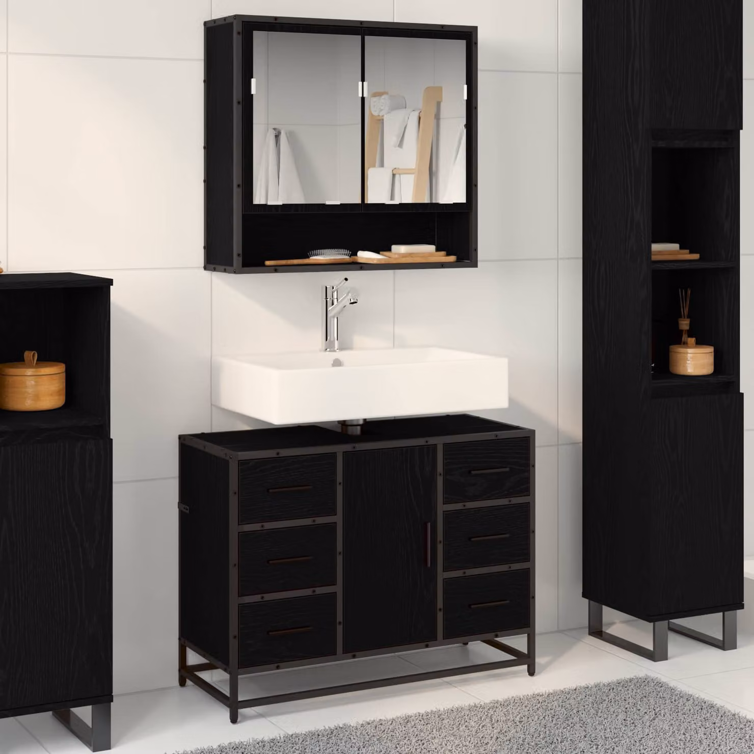 Set di mobili per il bagno vidaXL 2 pezzi moderno nero con mobileto specchio e base lavabo L/P/H: 80 x 33 x 60 cm – 1