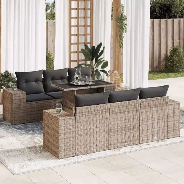 Set Divani da Giardino 7 pz con Cuscini Grigio in Polyrattan 3326741