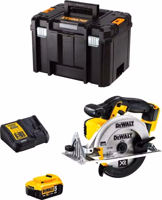Sega Circolare DeWalt DCS391P1 Gialla con Batteria da 5,0 Ah, Caricabatterie DCB115 e Contenitore TSTAK VI