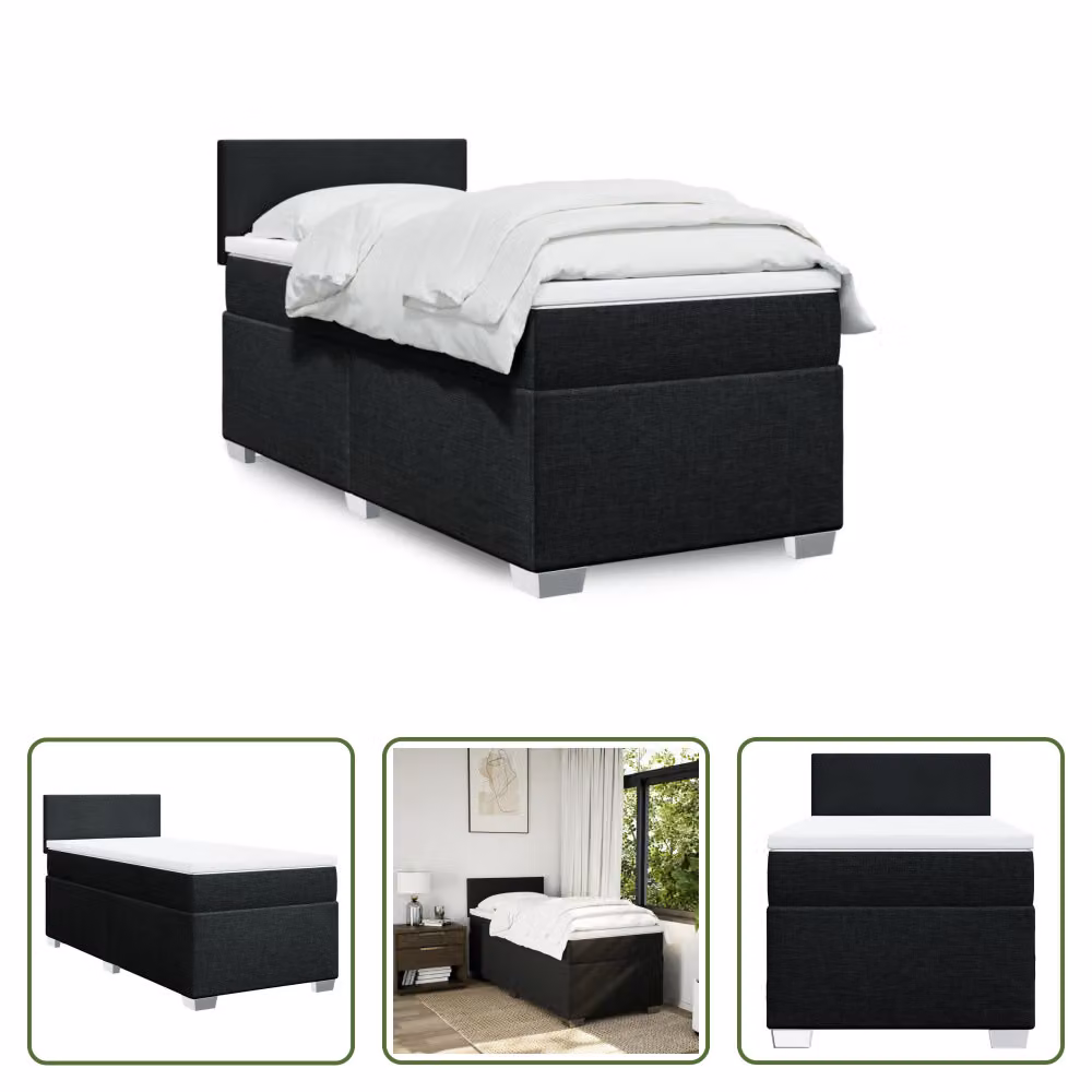 The Living Store Letto a molle con materasso nero 100x200 cm in tessuto