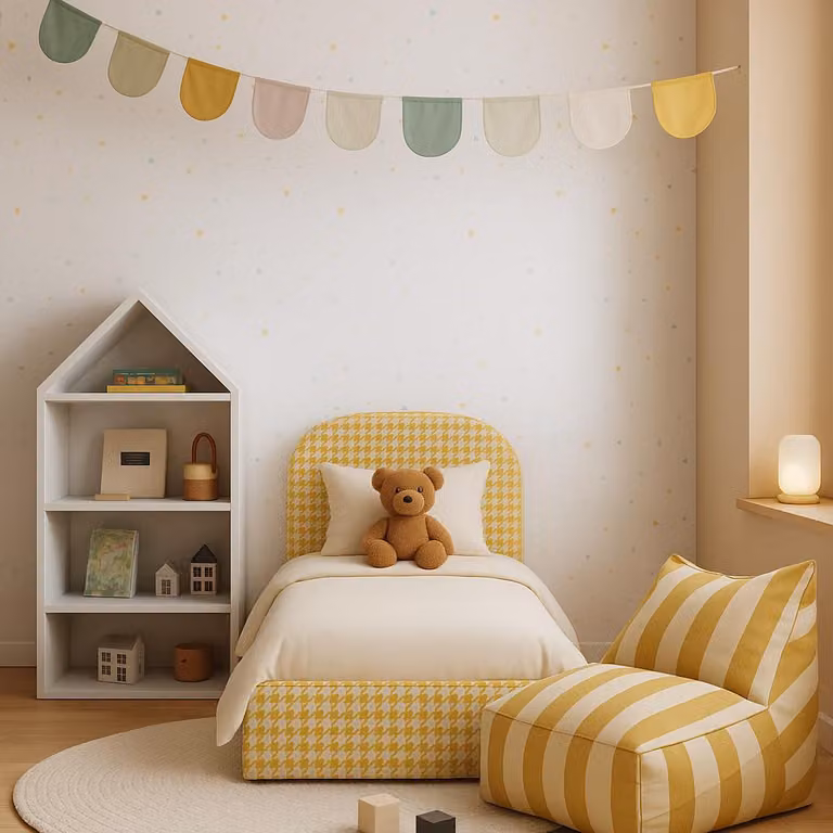 Letto imbottito moderno Sofello, modello MOON, giallo, dimensioni 90–120 × 200 cm. Struttura in metallo. Letto di alta qualità con spazio contenitore, collezione per bambini