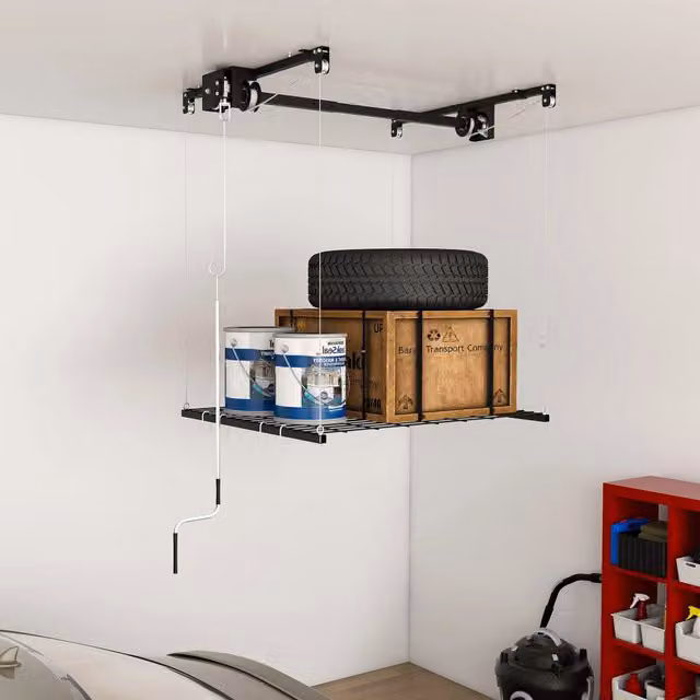 Scaffale a soffitto in acciaio per garage 1,2x1,2 m con sistema a manovella, portata 113 kg, per altezze 3-3,6 m, blocco di sicurezza manuale. Montaggio richiesto