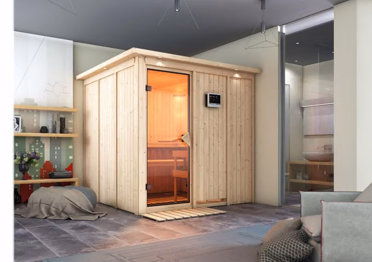 Sauna Karibu Rodin (ingresso frontale), porta tutto vetro, bronzata, senza accessori