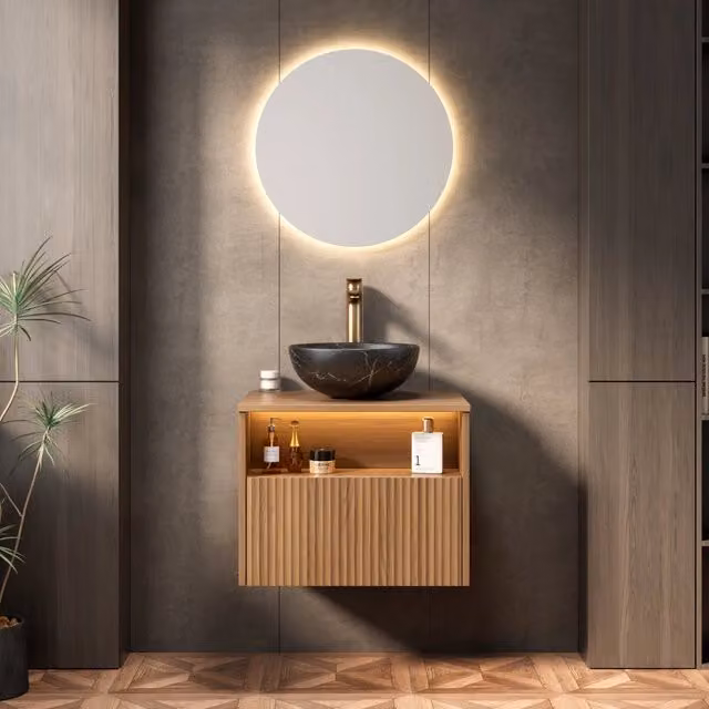 Mobile lavabo sospeso 60 cm, motivo pietra ceramica nera, mobile in compensato striato con cassetto e ripiano, luce sensore, preassemblato, finitura rovere marrone