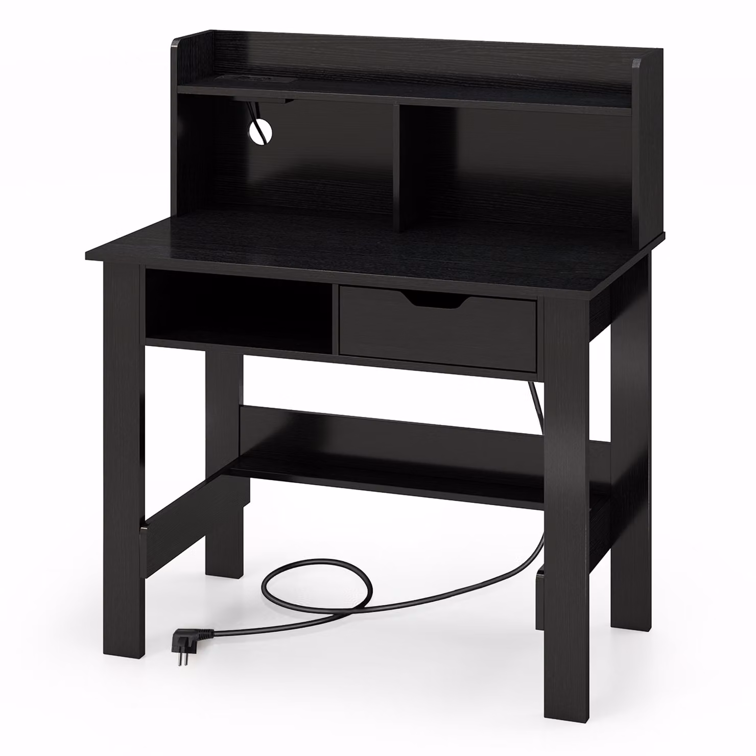 COSTWAY Scrivania con prese di corrente, piccola scrivania per computer con piano, vano aperto e cassetto, scrivania per PC, scrivania per ufficio 95x56x109,5 cm nero