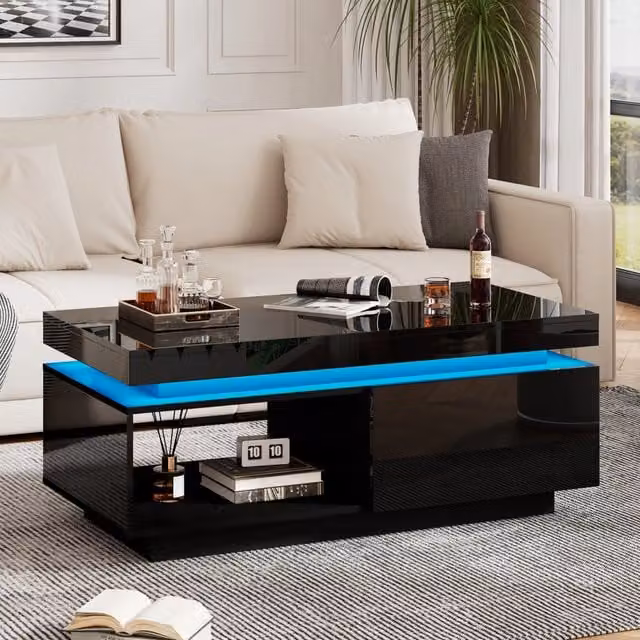 Tavolino da salotto moderno lucido con illuminazione LED, 100x50x40,3 cm, con cassetto e portata 50 kg